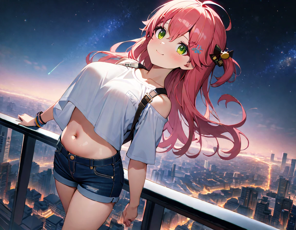 (8k、Best image quality、highest quality、masterpiece)、Detailed face、 1teen_girl、pink Hair、Long Hair、green_eyes、smile,(navel_peek)、(large_breasts),(White_short_T-shirt:1.5)、Off the shoulder、Black shoulder straps、(open_front_shorts,denim_short_shorts:1.2)、City Background, starry_sky_landscape ,sakura_miko,hololive,(covered_nipples:0.3), (belly_button:1.2),solo,stargaze,girl_looking_up_sky,shoot_boots,