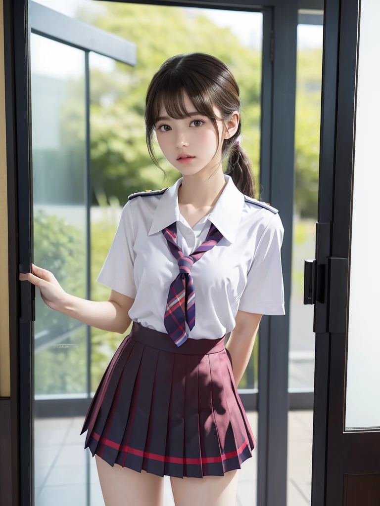 masterpiece, best quality, extremely detailed, high-resolution, 8k cg wallpaper,1girl,beautiful girl,,(small breasts:1.2),,(skinny:1.0), akb48,nogizaka46,arafed asian woman in school uniform standing in front of a glass door, still from a live action movie, girl wearing uniform, a hyperrealistic schoolgirl, wearing japanese school uniform, japanese school uniform, scene from live action movie, jk uniform, portrait of high school girl, hyperrealistic schoolgirl, japanese girl school uniform, movie still of the alien girl,jk,, portrait ,lamentation,Plaid mini pleated skirt,short ponytails,