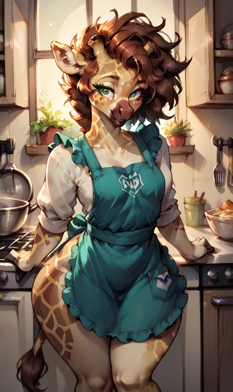 anthropomorphic giraffe woman, long messy fluffy hair, giraffe, small breasts, attractive, (apron), shapely body, giraffe tail, ...