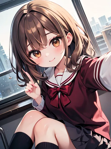 girl , baby face, brown eyes, ((wavy hair)) ,ash light brown hair, ((medium hair)) ,winter school uniform,eyelashes, quality, ul...