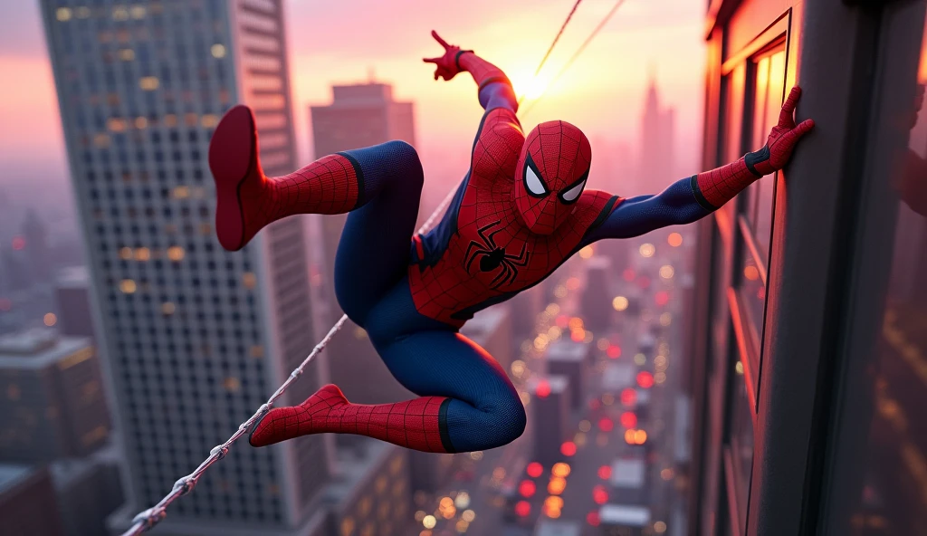 Create a vibrant action scene of Spider-Man swinging through the skyscrapers of New York City at sunset. The sky is painted with hues of pink, orange, and purple as he shoots a web toward a building in mid-air, his body twisting in a dynamic pose. Below him, the bustling streets of Manhattan are filled with cars and people going about their day. Spider-Man’s red and blue suit shines in the fading light, his mask reflecting the determination and agility of a true hero.