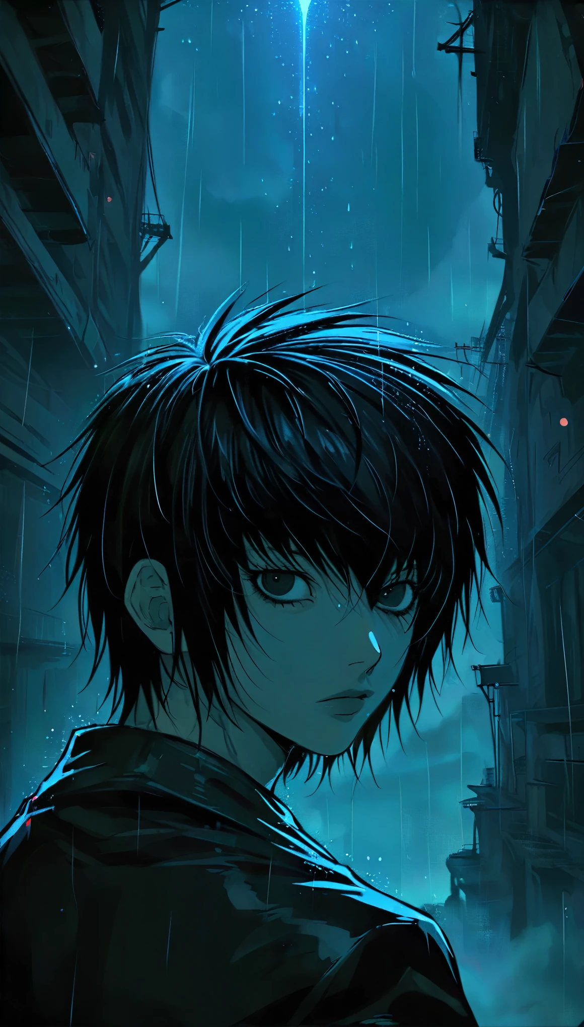 Kira do anime death note, THOUGHTFUL, watching the rainy skies,front view seen above the eye view at a distance of one meter. 4K, full quality, cenematico. 