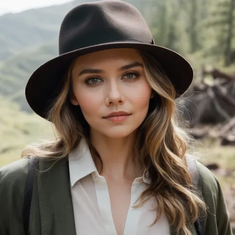 elizabeth olsen, looking at viewer, smile, white shirt, closed collar, (buttoned up shirt), long sleeves, hat, jacket, boots, ou...