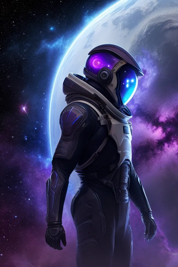 an astronaut floating in space, his helmet visor reflecting a mysterious alien figure or shadow. behind him, a distant spaceship...