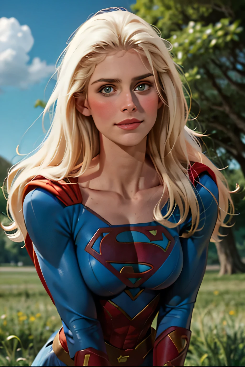 ((highest quality)), ((masterpiece)), Helen Slater (be familiar with), (High definition), (Realistic), (Realistic), (Best Shadow), Low contrast, (Complex:1.4), Side lighting, 8K, ((Helen Slater)), ((SUPER GIRL)), Perfect Face、Detailed、(Accurate hand and finger depiction)、Supergirl Women、Blonde、Voluptuous body、Large Breasts、Narrow waist、Big Ass、Alluring、glamorous、Hero Pose, Smiling, On the grass、in the deep forest、wood々Surrounded by、blue sky、Front low angle