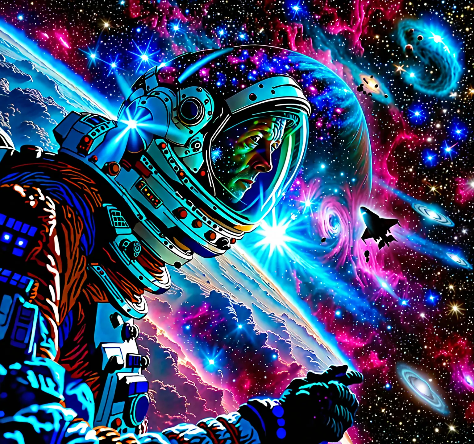 an astronaut floating in space, his helmet visor reflecting a mysterious alien figure or shadow. behind him, a distant spaceship...