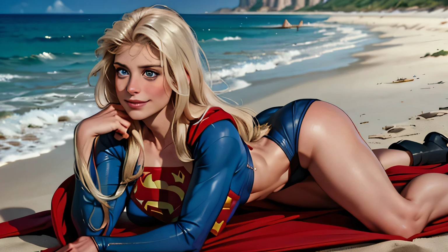 ((highest quality)), ((masterpiece)), Helen Slater (be familiar with), (High definition), (Realistic), (Realistic), (Best Shadow), Low contrast, (Complex:1.4), Side lighting, 8K, ((Helen Slater)), ((SUPER GIRL)), Perfect Face、Detailed、(Accurate hand and finger depiction)、Supergirl Women、Blonde、Voluptuous body、Large Breasts、Narrow waist、Big Ass、Alluring、glamorous、Hero Pose, Smiling, On the Beach、on a sun lounger、waves and surf behind her, Surrounded by、blue sky、Front low angle