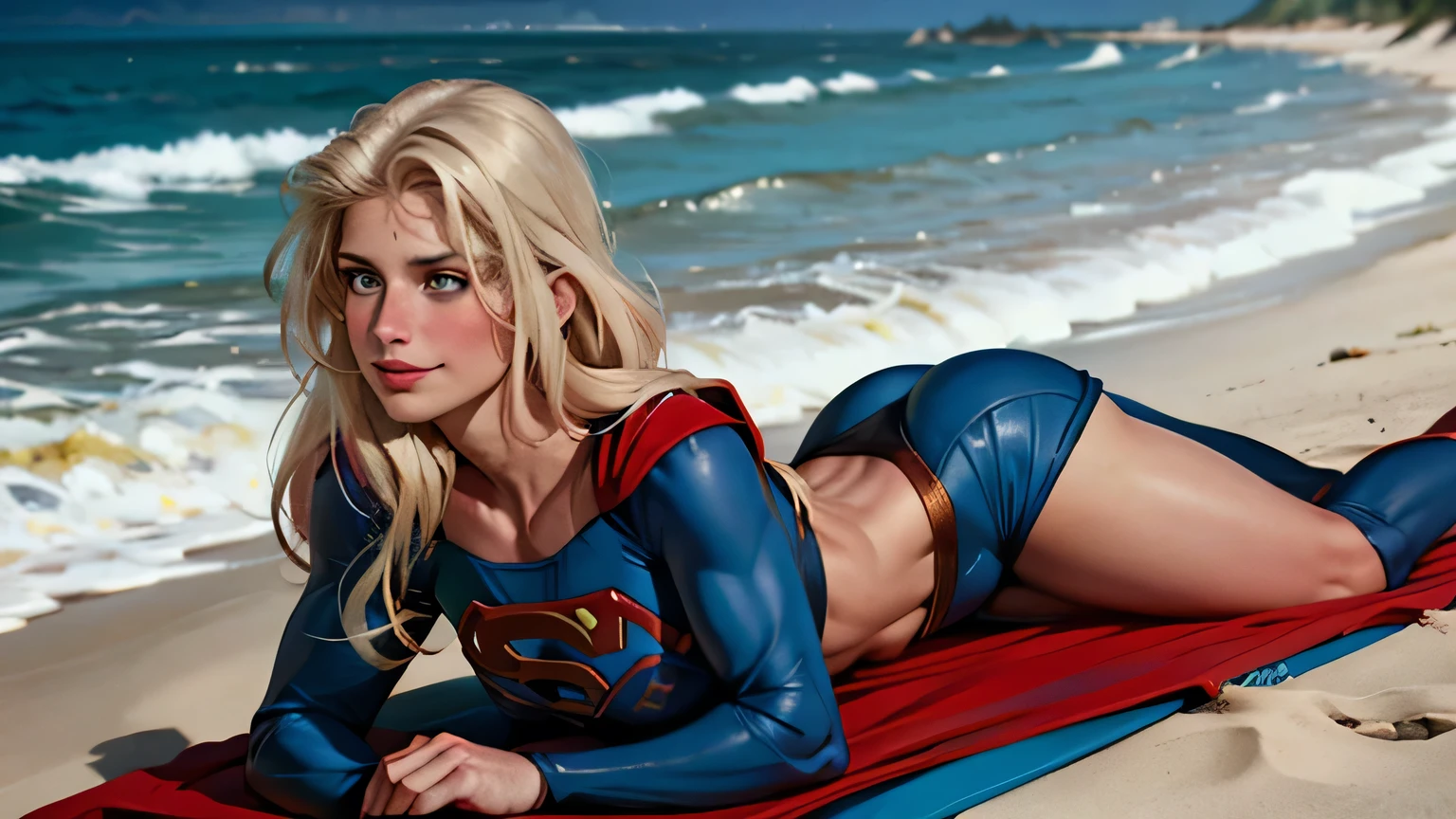 ((highest quality)), ((masterpiece)), Helen Slater (be familiar with), (High definition), (Realistic), (Realistic), (Best Shadow), Low contrast, (Complex:1.4), Side lighting, 8K, ((Helen Slater)), ((SUPER GIRL)), Perfect Face、Detailed、(Accurate hand and finger depiction)、Supergirl Women、Blonde、Voluptuous body、Large Breasts、Narrow waist、Big Ass、Alluring、glamorous、Hero Pose, Smiling, On the Beach、on a sun lounger、waves and surf behind her, Surrounded by、blue sky、Front low angle