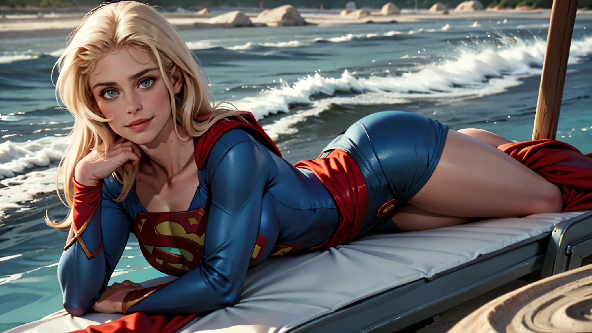 ((highest quality)), ((masterpiece)), Helen Slater (be familiar with), (High definition), (Realistic), (Realistic), (Best Shadow), Low contrast, (Complex:1.4), Side lighting, 8K, ((Helen Slater)), ((SUPER GIRL)), Perfect Face、Detailed、(Accurate hand and finger depiction)、Supergirl Women、Blonde、Voluptuous body、Large Breasts、Narrow waist、Big Ass、Alluring、glamorous、Hero Pose, Smiling, On the Beach、on a sun lounger、waves and surf behind her, Surrounded by、blue sky、Front low angle