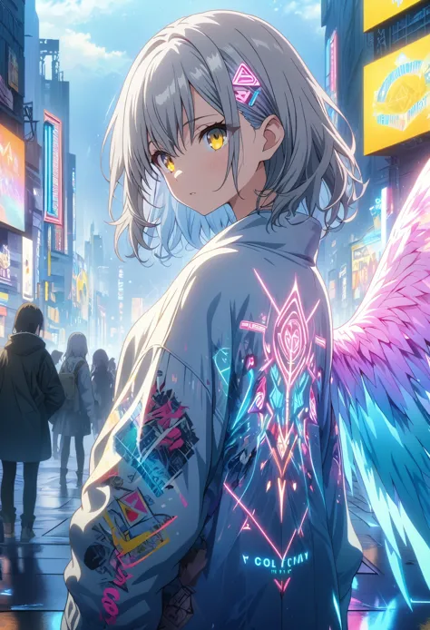 masterpiece, best quality, highly detailed cg unity 8k wallpaper, one girl, anime screenshots, geometric neon tattoo, big wings ...