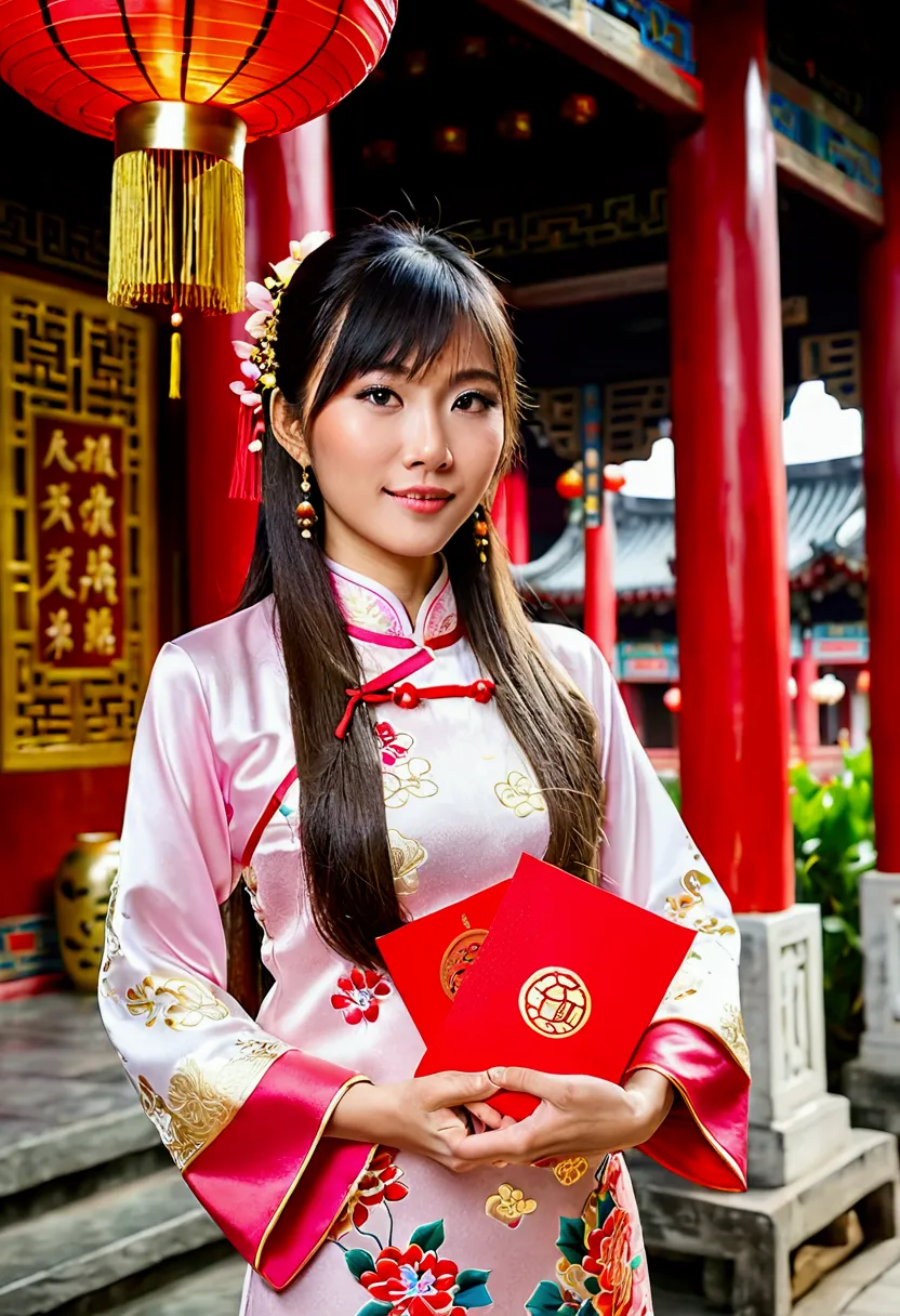 beautiful chinese woman 28 yrs, long straight hair with bangs, wearing a beautiful modern chinese traditional dress in pink, whi...