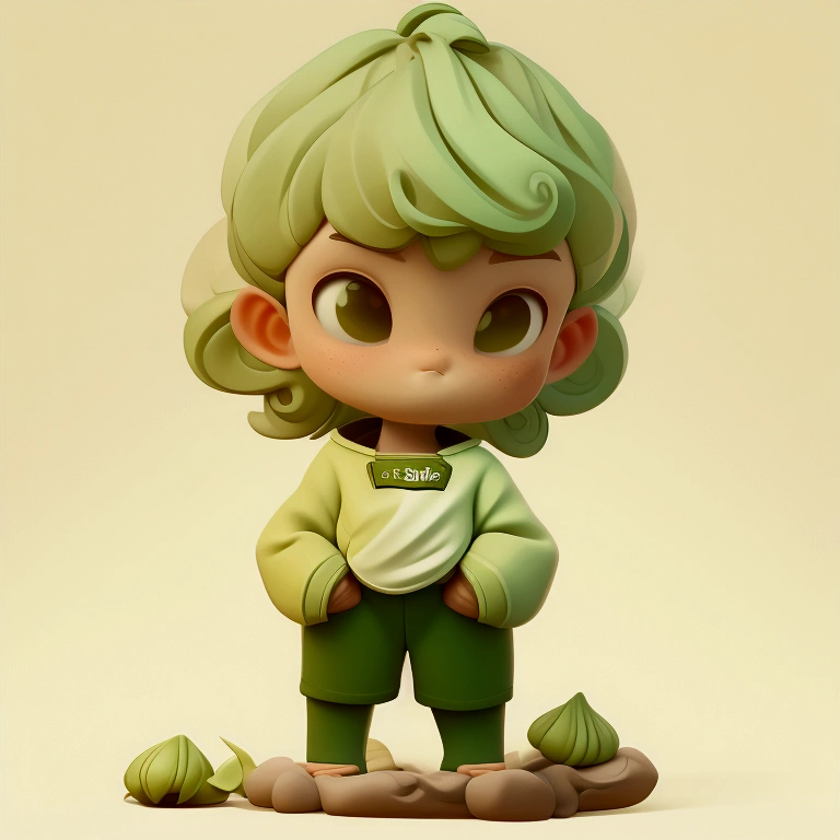 Create an art toy character with a unique design. The character should have a round head shaped like a swirl of green matcha cream, with textured details that resemble seeds. The face should have a serious yet slightly cute expression, with small round cheeks and a few freckles. The body should be dressed in a cream-colored shirt with green accents, and a logo in a foreign script on the chest. The character is standing with hands in pockets, surrounded by two swirl-like green elements on the ground. The overall style should be hand-drawn, rich in detail, with earthy tones and muted colors, creating a calm and toy-like appearance.