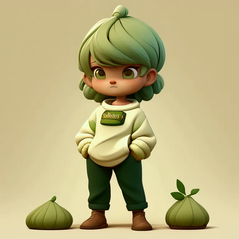 create an art toy character with a unique design. the character should have a round head shaped like a swirl of green matcha cre...