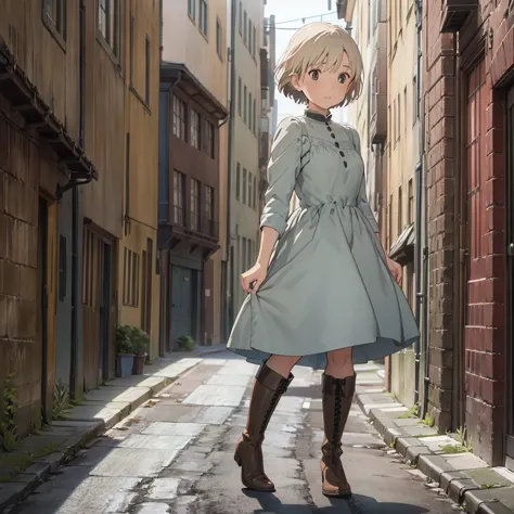 a single girl with short blonde hair, with a casual long gray dress and brown boots with black tones, in an alleyway