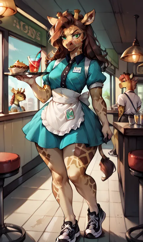 anthropomorphic giraffe woman, long fluffy brown hair, giraffe, small breasts, attractive, (waitress uniform, black sneakers), s...