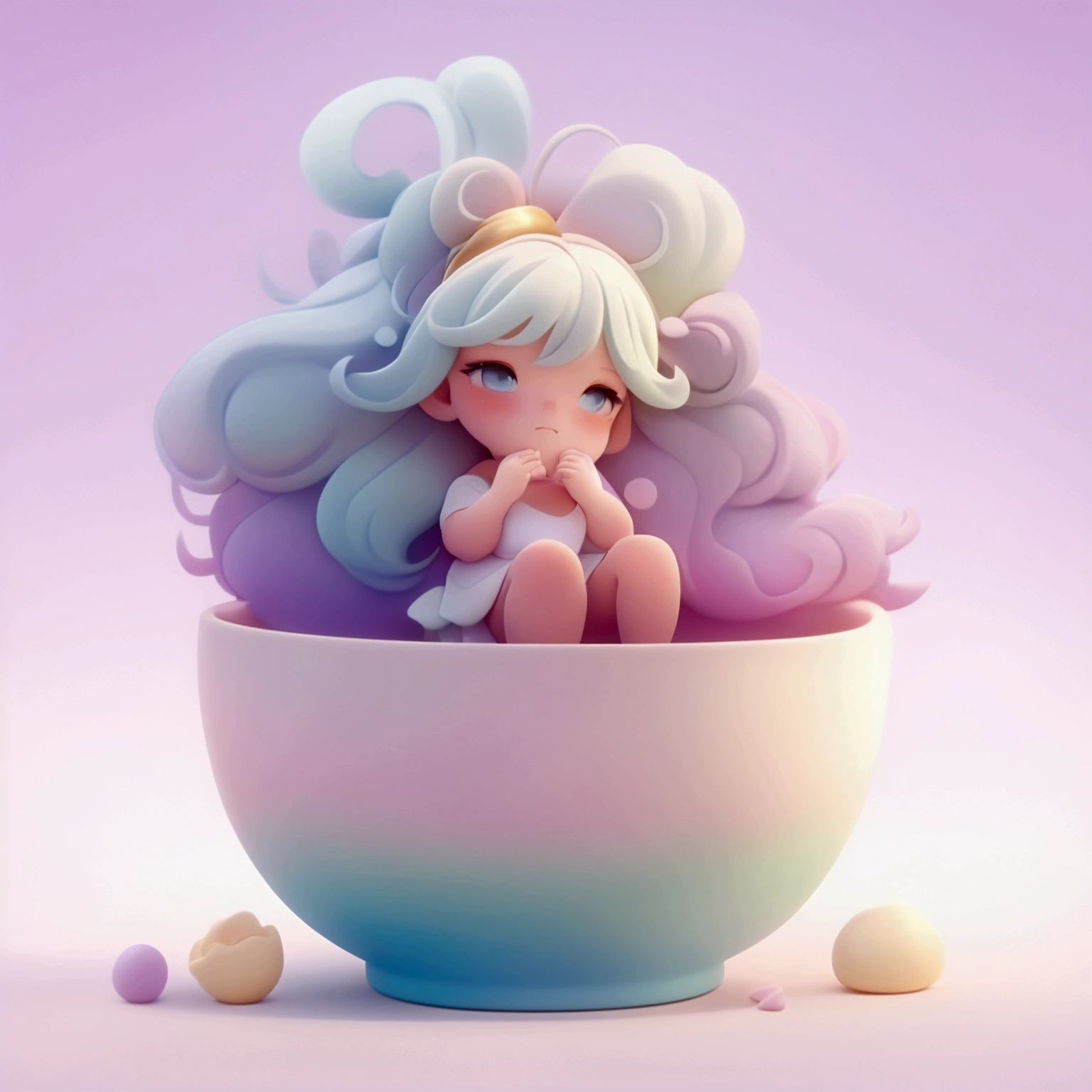 Create an art toy-style character of a small girl sitting inside a round blue and white bowl-like structure. The girl has long, flowing pastel-colored hair, starting from blonde at the top, transitioning into a blue and purple gradient towards the ends. She has a delicate face with large, sad eyes, and is holding a golden piece in her hands. Several golden nuggets are scattered around her and in the bowl. She is wearing a white oversized shirt, a pink skirt, and green socks, with an overall soft and whimsical appearance. The style should be soft and dreamy, with the art toy character looking fragile and sentimental.
