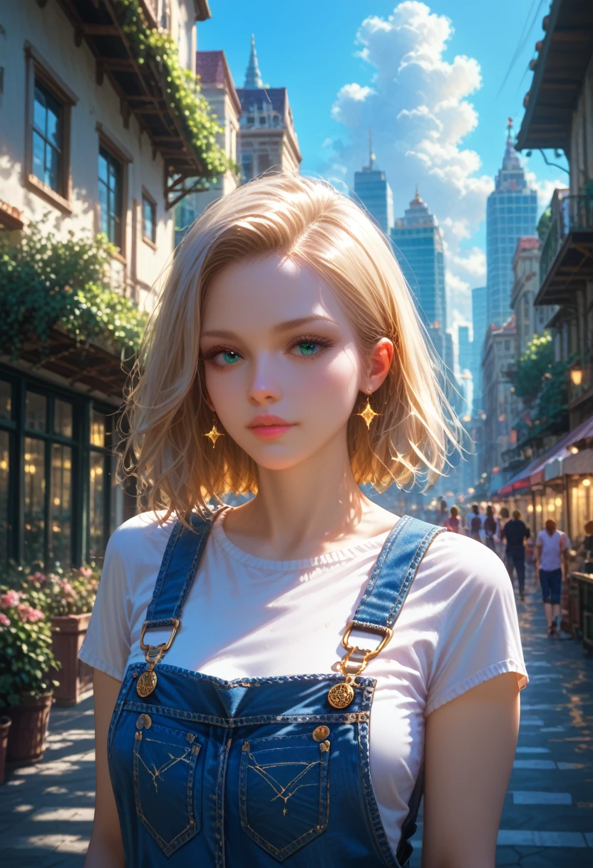 girl alone, Very Beautiful with a Perfect Figure, Eyes with Shadows,  dressed in overalls, masterpiece, Detailed City Background with Beautiful Lighting, Detailed Shine, sparkles, warm colors, Maximum Image Quality, core_9, score_8_up, score_7_up