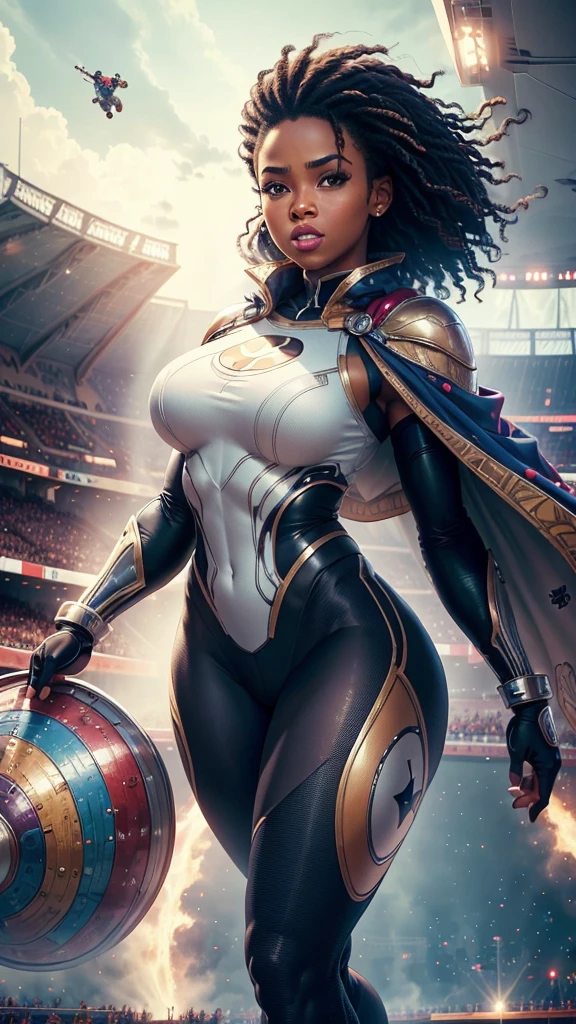 photorealistic, an African American group of women, superhero group, beautiful, spandex tights, cute pose for the camera, (Best quality, 8k, 32k, Masterpiece, UHD), 32K wallpaper, sport stadium background, super hero costume, cape, thick body figure, chubby, showing excitement, joyful, flying in sky, floating in air, black women