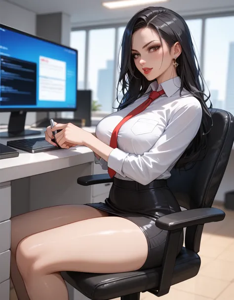 long black hair women, badass gangster women secretary sit on office chair,