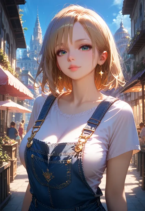 girl alone, very beautiful with a perfect figure, eyes with shadows,  dressed in overalls, masterpiece, detailed city background...