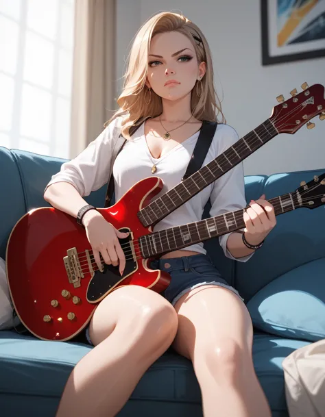 female rock bands singer, sitting while holding electric guitar, serious face