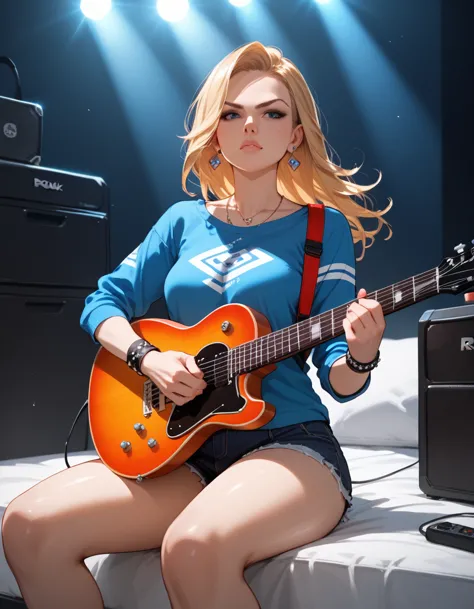 female rock bands singer, sitting while holding electric guitar, serious face