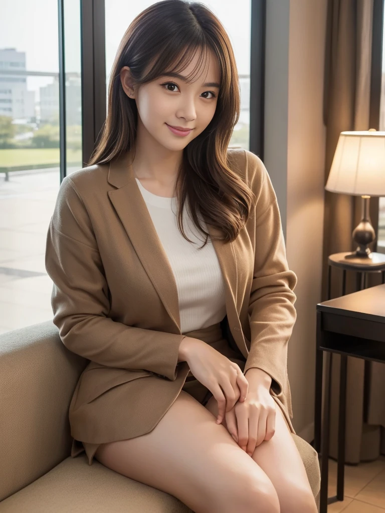 (Early autumn date), ((Office casual attire)),
View your audience, Japanese female university student, (One Woman:1.2), She is very beautiful, Glowing Skin, Perfect Face, Cute and symmetrical face, Glowing Skin, 
Light Brown Hair, Medium Hair, Wavy Hair, Hair tied up, compensate, 
Beautiful Hair, Beautiful Face, Beautiful attention to detail, Beautiful body, Beautiful breasts, Beautiful thighs, Beautiful legs, Beautiful fingers, 
(In the spacious lobby of a stylish hotel), Beautiful view of the park from the window, Standing, Arms crossed, (Cute smile), (8k, RAW Photos, Best Quality, masterpiece:1.2), (Realistic, Photorealistic:1.4), Very detailed, Shallow depth of field, Perfect Anatomy, Perfect limbs, Perfect hands, Perfect Eyes, Perfect body, smile, Double eyelids, (Natural Side Lighting, Cinema Lighting), 