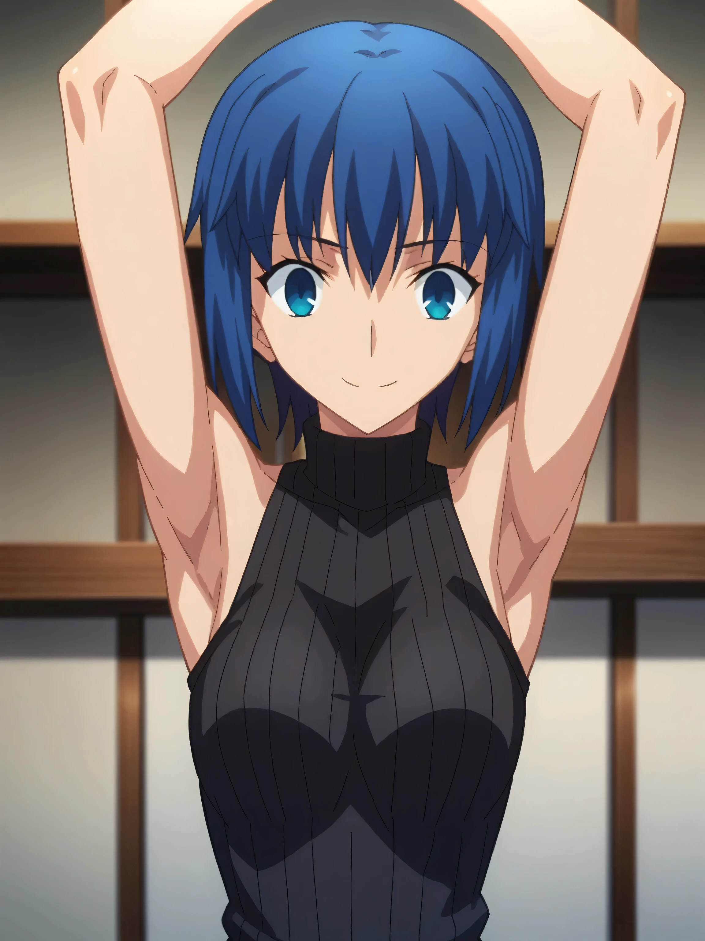 score_9, score_8_up, score_7_up, source_anime, anime screencap, indoors, 1girl, solo, ciel, dark blue hair, sweater, ribbed sweater, ribbed, turtleneck, turtleneck sweater, black sweater, sleeveless sweater, sleeveless, bare shoulders, bare arms, looking at viewer, smile, closed mouth, arms up, raised arms, fate_go_style