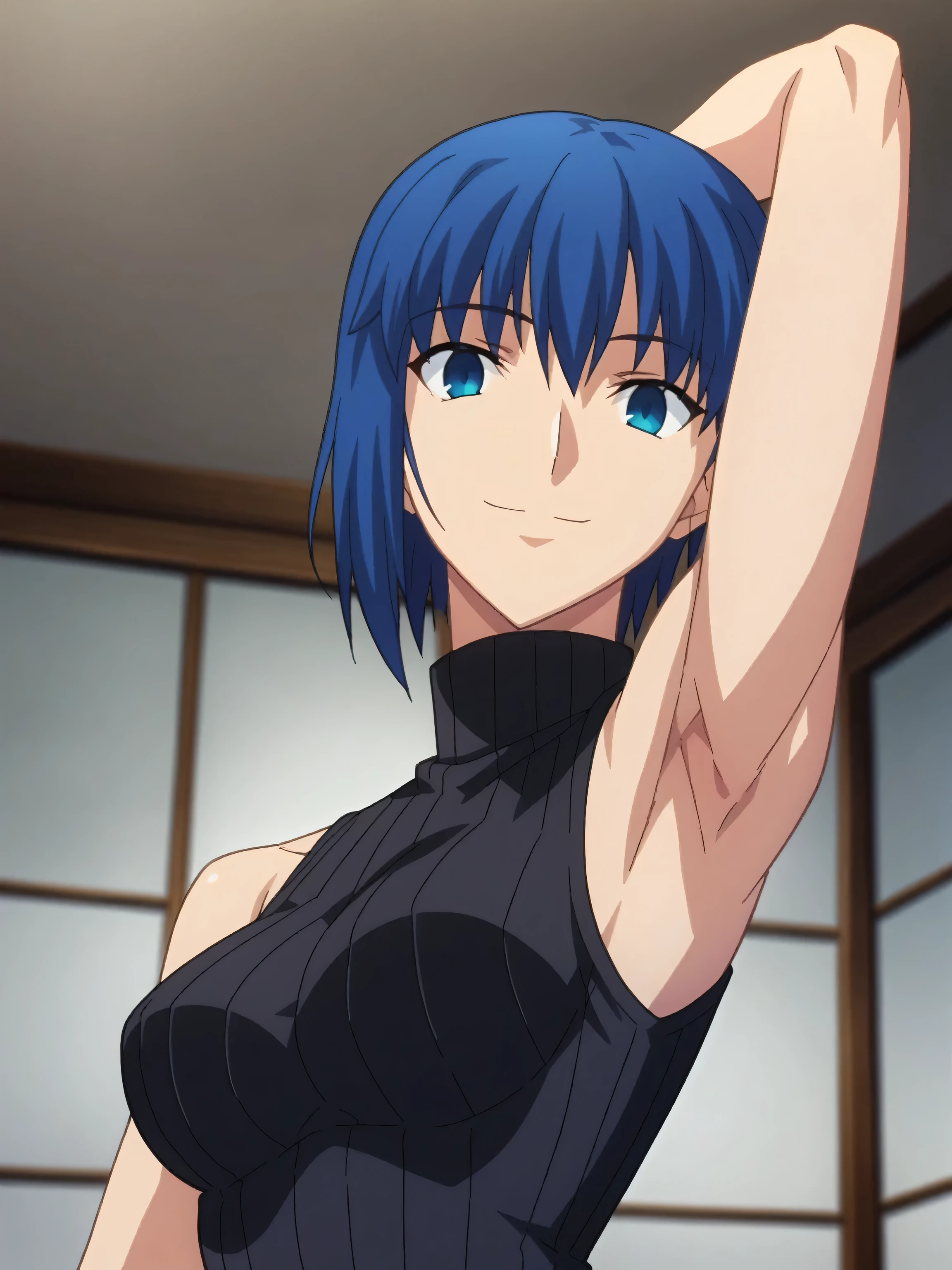 score_9, score_8_up, score_7_up, source_anime, anime screencap, indoors, 1girl, solo, ciel, dark blue hair, sweater, ribbed sweater, ribbed, turtleneck, turtleneck sweater, black sweater, sleeveless sweater, sleeveless, bare shoulders, bare arms, looking at viewer, smile, closed mouth, arms up, raised arms, fate_go_style