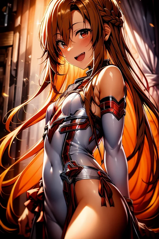 ((Best Quality)), ((masterpiece)), (be familiar with), Perfect Face, indoor, bedroom, Watching the audience,
One woman, Yuuki Asuna,
Open Mouth, Ecstatic expression, blush, smile,
Small breasts, Flat Chest, , , child, Girl,
Long Hair, Long Hair,
Leg spread,