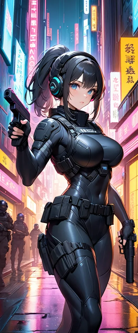 (masterpiece:1.2,highest quality,highest quality,very detailed:1.2),8k,wallpaper,(one woman),(future female japanese swat team m...