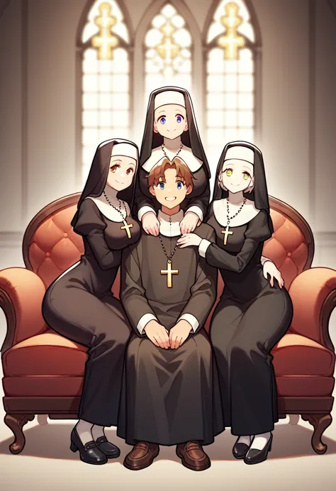 score_9, score_8_up, score_7_up, source_anime, break 4 girls, 1boy, priest, nuns, priest sitting, full body, smile, looking at v...