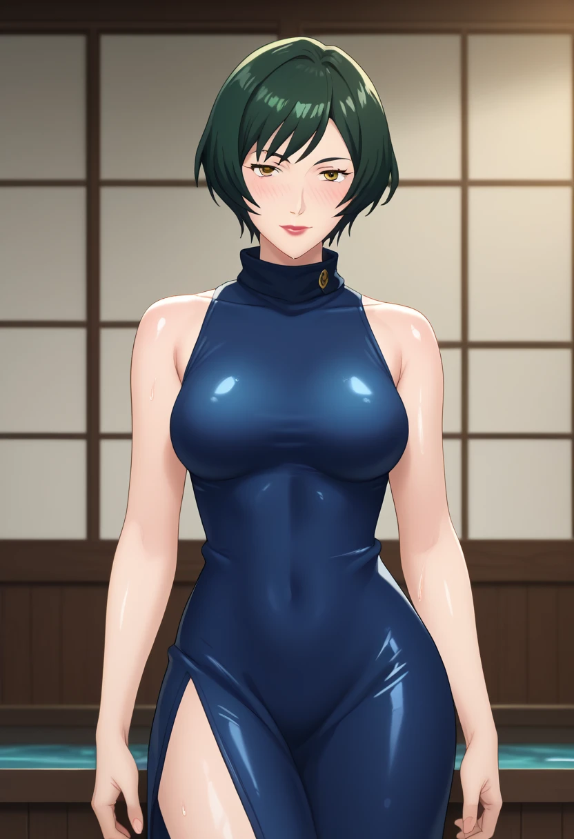 score_9,score_8_up,score_7_up,score_6_up,score_5_up,score_4_up BREAK skinny, medium breasts, shiny skin,bokeh,bloom, indoors,light particles, modern spa with pool, 1girl, ((clear eyes)), Mai Zenin, (((green short hair))), yellow eyes, medium lips, red lips, mature female, ((perfect model body)), ((blue tight dress, bare shoulders, pelvic curtain,)), wide hips, lewd look, seductive pose, wet body, blush, 