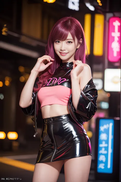 browsing caution、female idols、smile、ezvian everywhere、、shiny latex mini skirt（neon fuchsia)、(multi-colored medium hair)、conceptu...