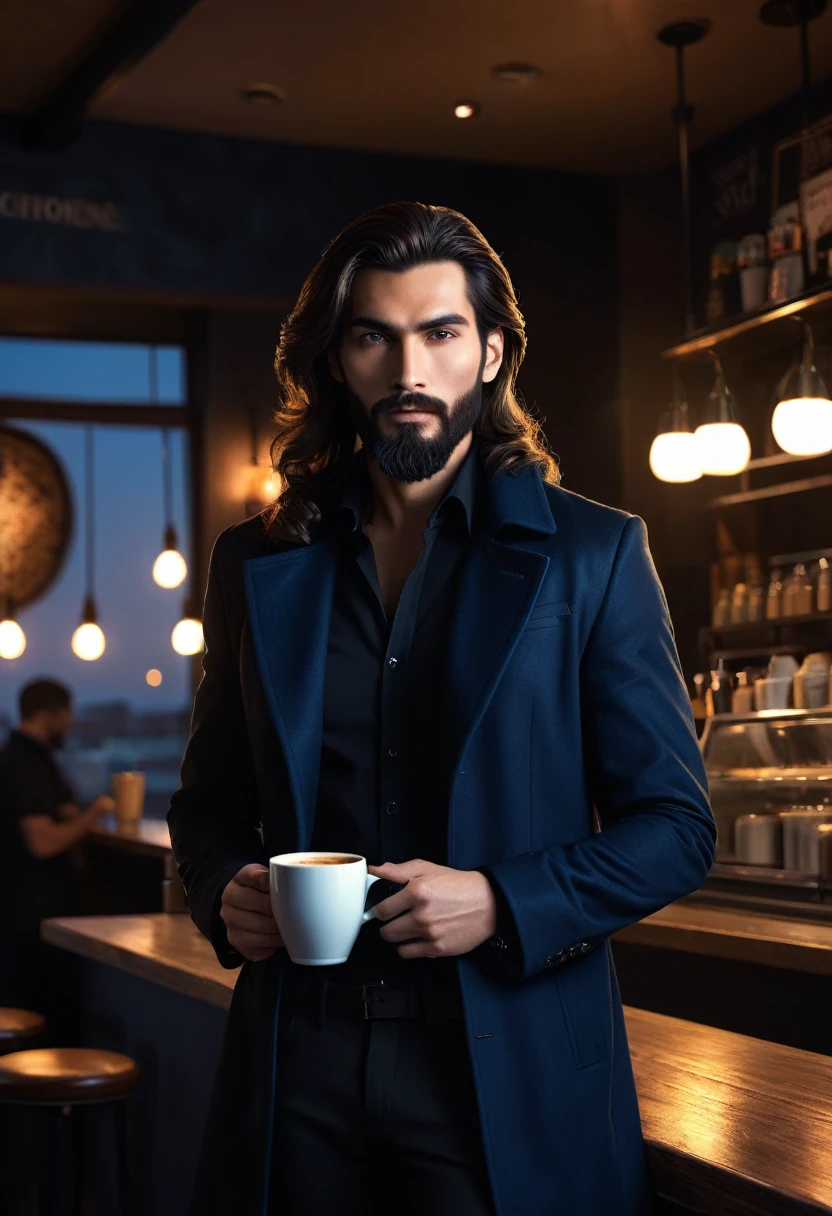 a handsome man 5.8 feet tall smart man, with black brown long hair and beard , suitable for a YouTube video in format, brown eyes, wearing blue tight black pants, black coat and dark black shirt, detailed realistic portrait, high quality, photorealistic, 8k, (best quality:1.2),extremely detailed, intricate details, (realistic:1.37), chiaroscuro lighting, dramatic lighting, moody lighting, cinematic lighting, dramatic shadows, moody colors, dark and gritty, sun set time fantasy, standing in coffee shop holding coffee cup and smoking vape smoke