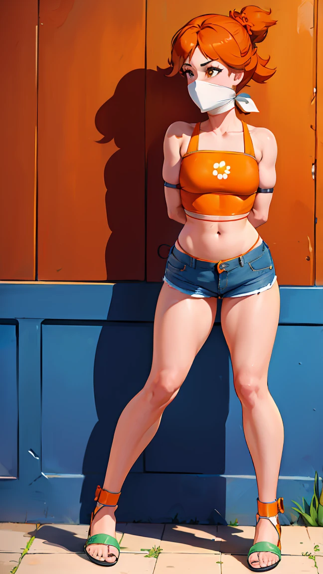 Daisy, bondage, skinny, thin,  ((jean shorts, orange bikini, orange brassier, wearing sandals)), OTN GAG, OTN, over the nose gag, gag, tight gag, (arms behind back:1.5), front view, complete shot, complete view , complete body, full body, standing pose, stand up.