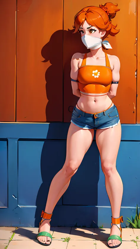 daisy, bondage, skinny, thin,  ((jean shorts, orange bikini, orange brassier, wearing sandals)), otn gag, otn, over the nose gag...