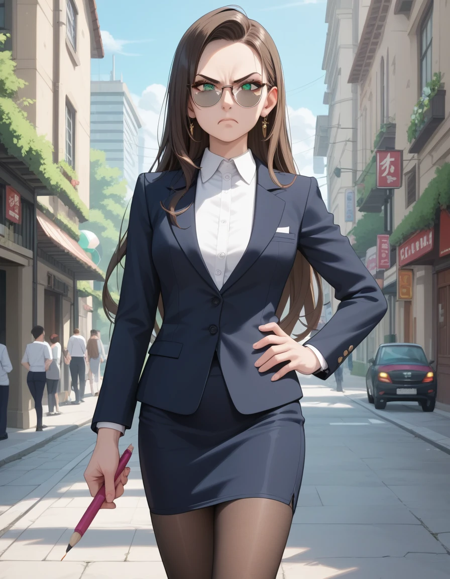 1girl,solo,
ryoukan,
brown hair,long hair,green eyes,opaque glasses,pantyhose,suit, pencil skirt,,
angry,
masterpiece, best quality, ultra detailed, highres,4k,(ultra-detailed:1.4) (illustration:0.5), (ray tracing,:0.8),(anime colored:0.7),(ai-generated:0.5), (anime screencap:1.2),