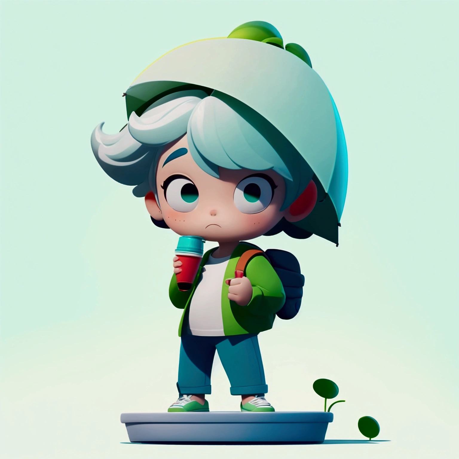 Create a  art toy character with  featuring a boy with a large head and expressive round eyes. The character has white, slightly messy hair and Holding an umbrella like an upside down cup . The outfit includes a green shirt, a light jacket, blue pants, and green shoes. The character carries a backpack, giving the impression of being on a journey or adventure.  