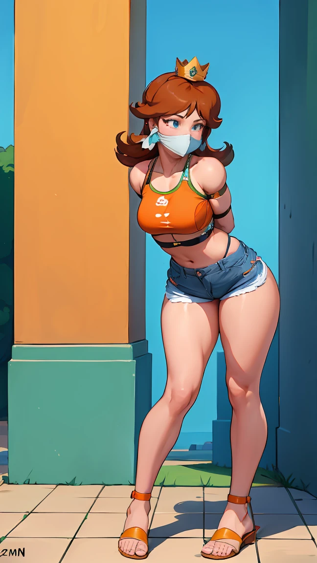 Daisy, bondage, skinny, thin,  ((jean shorts, orange bikini, orange brassier, wearing sandals)), OTN GAG, OTN, over the nose gag, gag, tight gag, (arms behind back:1.5), front view, complete shot, complete view , complete body, full body, standing pose, stand up.