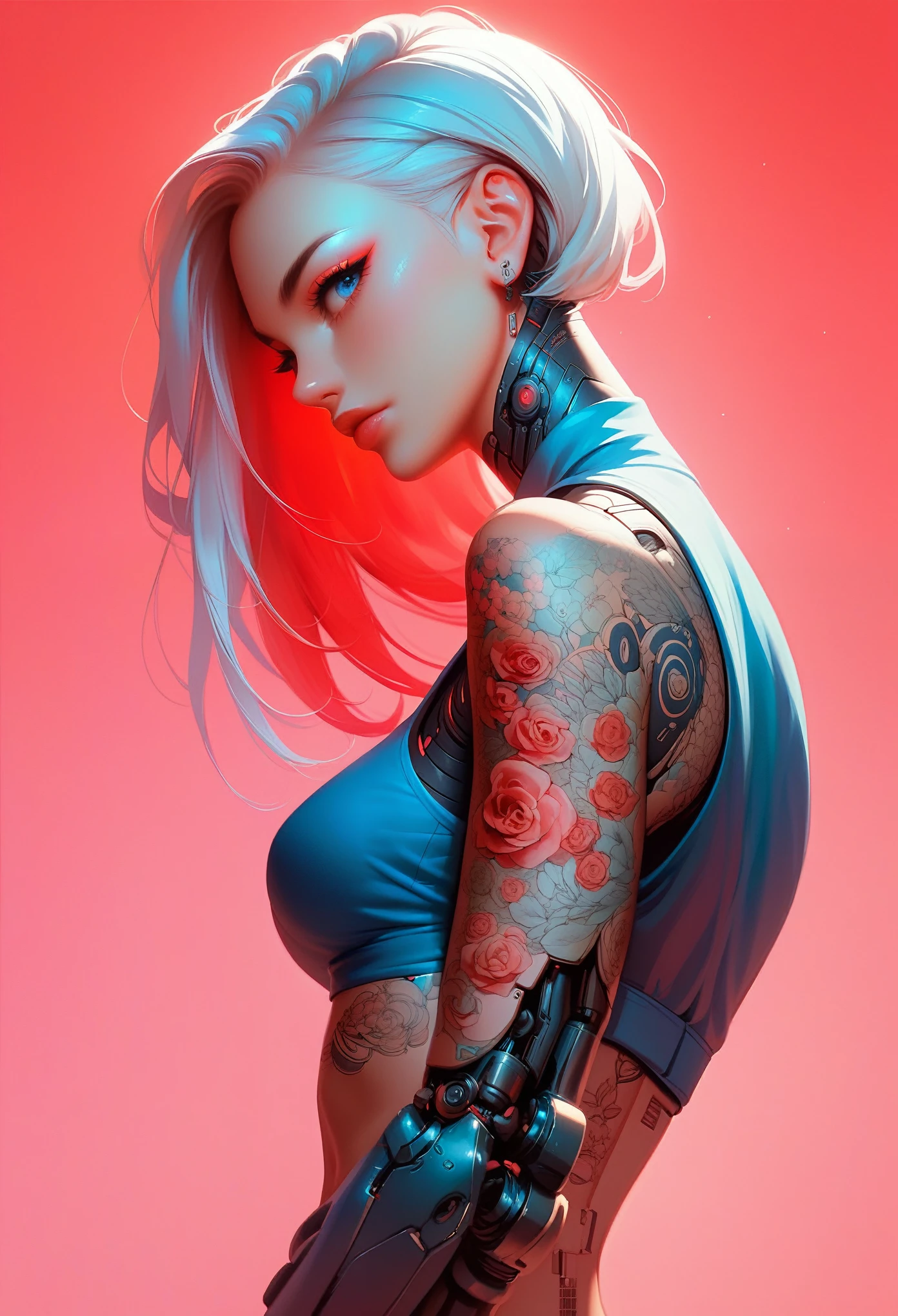 (Score_9, Score_8_up, Score_7_up), zPDXL, 1 girl, alone, looking at the viewer, simple background, blue eyes, closed mouth, short white hair, wearing a crop top, mechanical arms, floral tattoos, katana on the back, intricate tattoos, Cyberpunk style, side view, Red background, elegant metallic body parts, cybernetic limbs, parts, intense look, Futuristic aesthetics and robotic details
