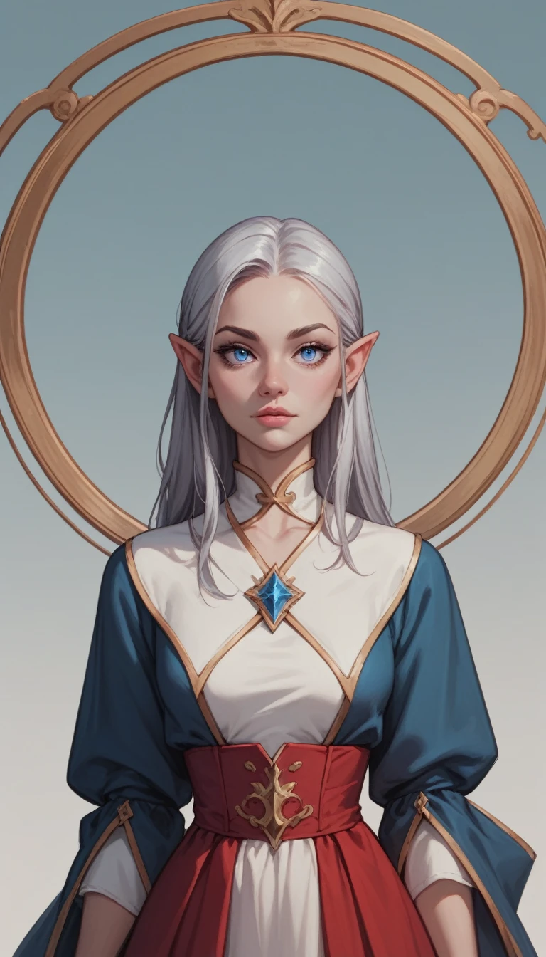 waist-length portrait, Best quality, masterpiece, contrasting light, best light and shadows, rich colors of the image, 2D illustration, empty background, front view, flowing mage robes with silver detailing, female character, young character, clothing covers exposed parts of the body, slender physique, pale skin, blue eyes, long silver hair, focused expression, thin nose, high cheekbones, small ears.