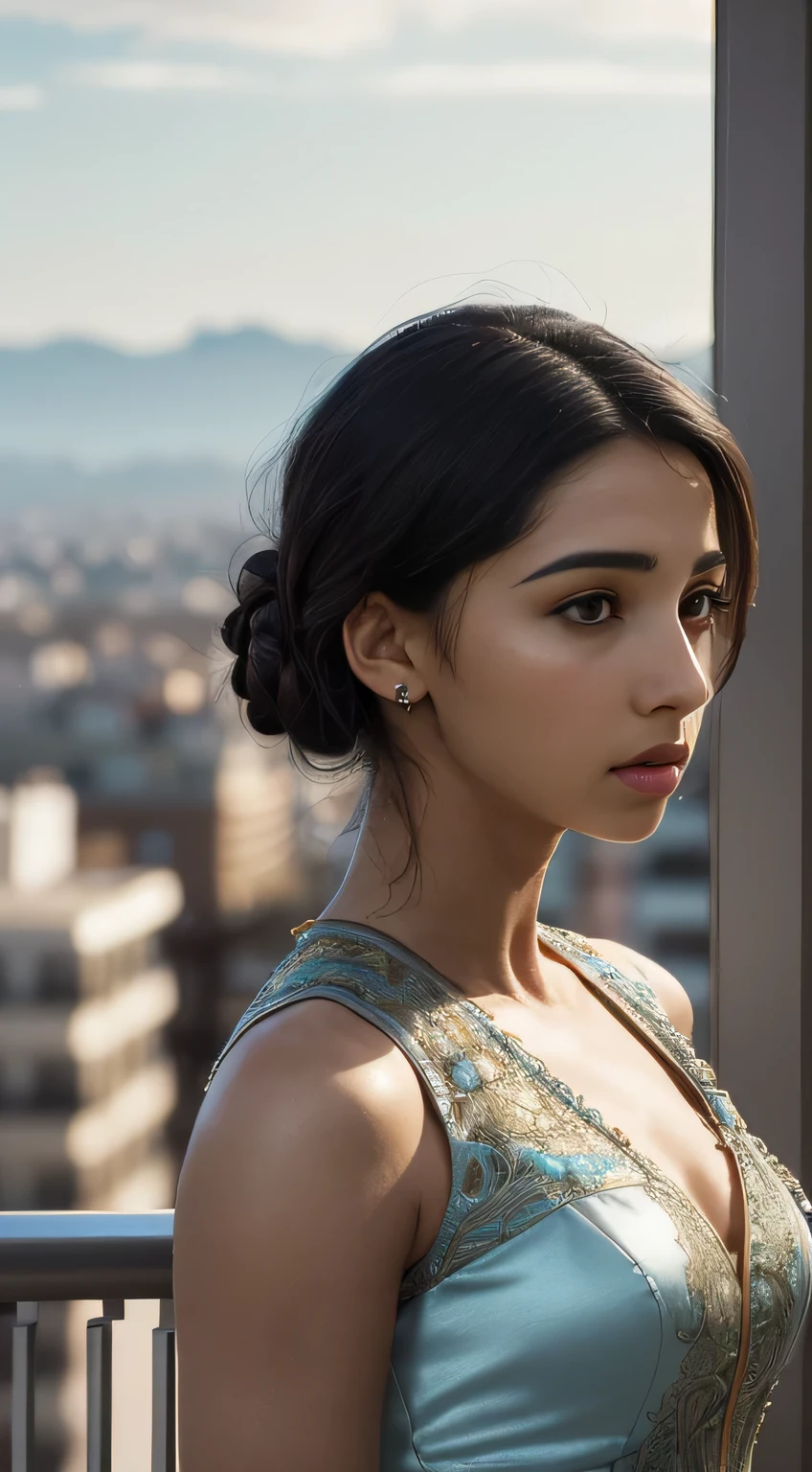 photo of Naomi Scott, RAW, beautiful woman, ((portrait)), ((detailed face:1.2)), ((detailed facial feature, detailed skin, clear skin), (perfect proportioned body), (wearing a colorful dress) (high detailed city environment, apartment balcony), (realistic photo, best quality, detailed), (8k wallpaper), (cinematic lighting, dramatic lighting) (sharp focus, intricate)