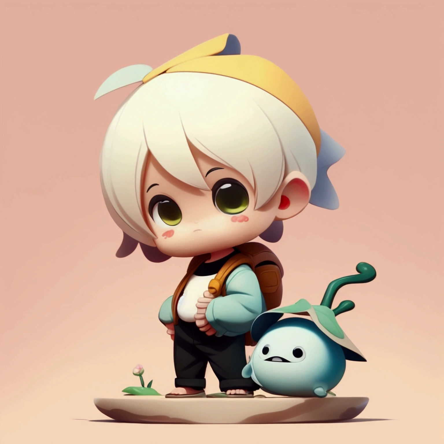 art toy  boy with backpack and umbrella standing next to a bowl, ginko showing a new mushi, inspired by Goro Fujita, 2 d anime style, yoko taro, advanced digital chibi art, official fanart, character art of maple story, high quality fanart, 2d game fanart, hero 2 d fanart artsation, 2d illustration, 2 d illustration