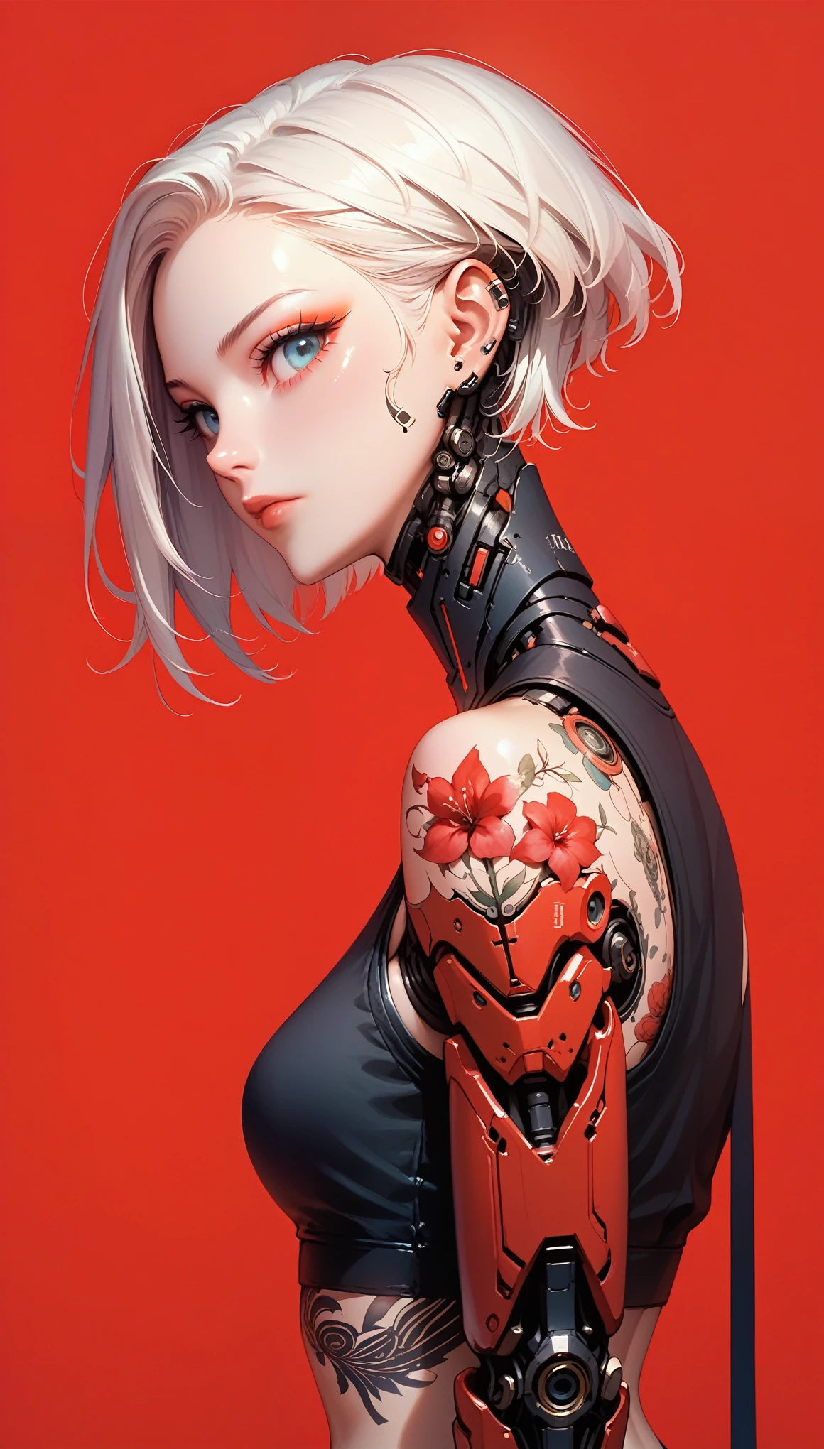 1 girl, alone, Looking at the viewer, simple background, blue eyes, closed mouth, short white hair, wearing a crop top, mechanical arms, floral tattoos, katana on the back, intricate tattoos, Cyberpunk style, side view, Red background, elegant metallic body parts, cybernetic limbs, parts, intense look, Futuristic aesthetics and robotic details