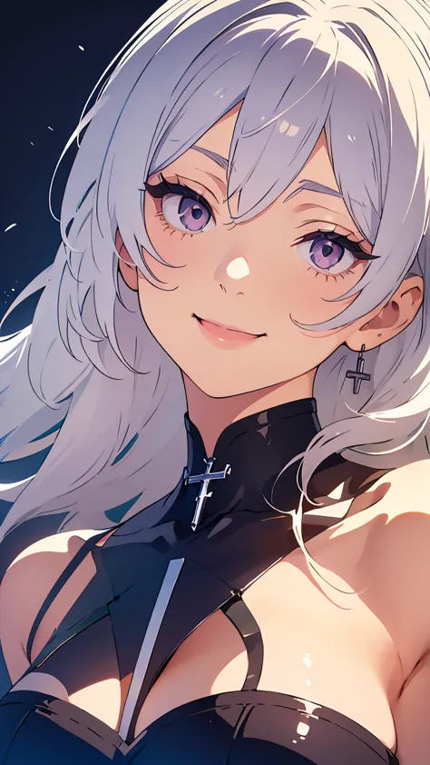 white hair, saintess, the cross, big breasted woman, white eyes, long eyelashes, smile, solid color background