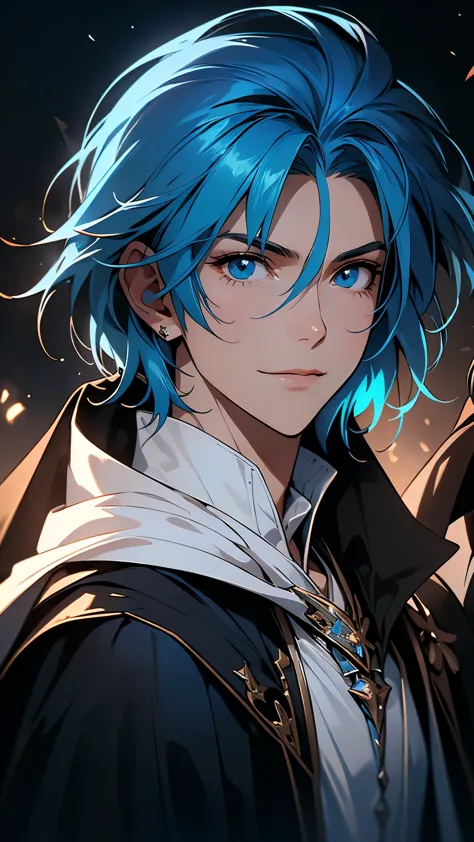 envision a 8k, highres, cinematic, detailed, semi realistic close up portrait of a sharp boy, blue hair, blue eyes, wide confide...