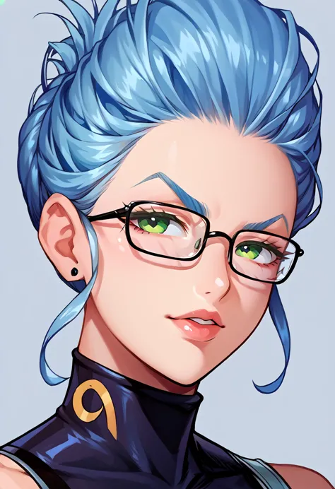 a woman with ,wavy light blue hair,green eyes,,,black spacesuit, square glasses, glasses, hair up