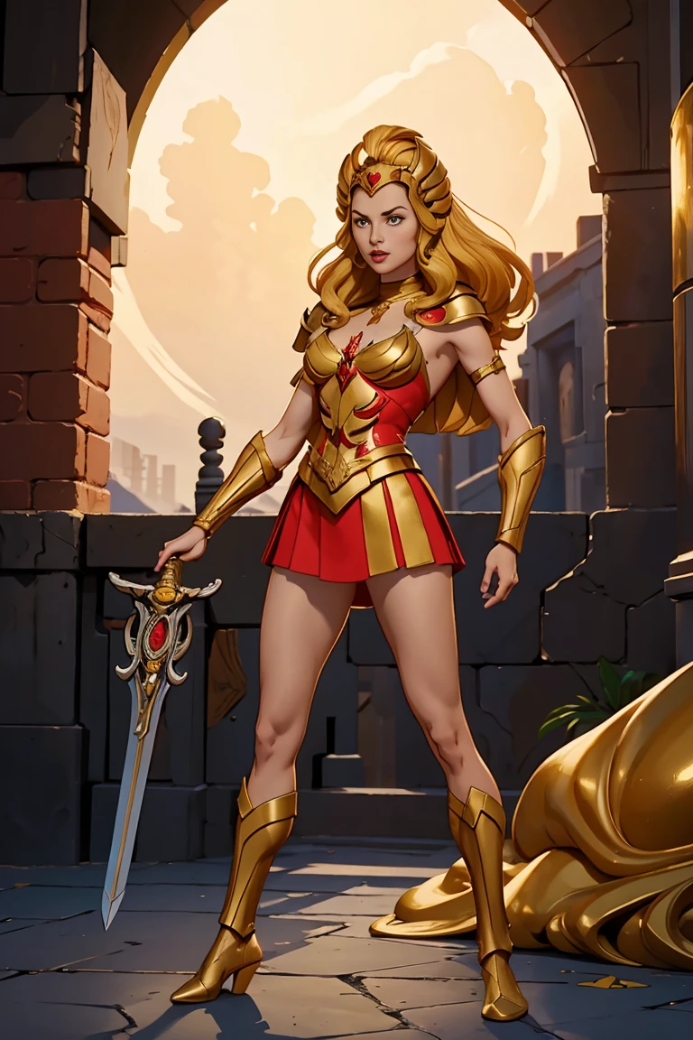 ((foto de full body, Standing, Feet on the ground)) 2 , Gal Gadot, Ultra-realism, Ultra-resolution, HDR, Photographic realism, Heroin pose, holding a sword, woman, medium breasts, straight and big hair, with golden Scorpion armor with white and red details, Knight of the Zodiac, Athenian golden helmet, black cover, in Greece, fight, 8k, full body, slight smile, Frontal photo.
