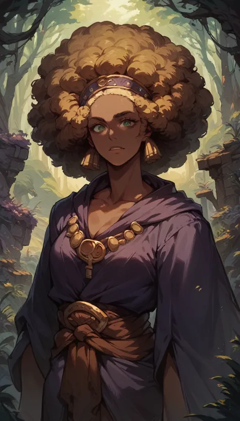 score_9, score_8_up, score_7_up, score_6_up, 1woman, ((brown skin)), blonde hair, afro, green eyes, warlock, purple robe, hat, f...